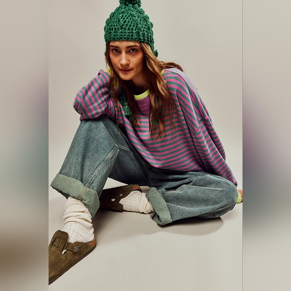 Free People We the Free Classic Striped Oversized Crewneck NWOT - Picture 3 of 5
